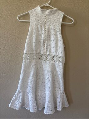 White Eyelet Lace Sleeveless Dress with Floral Waist